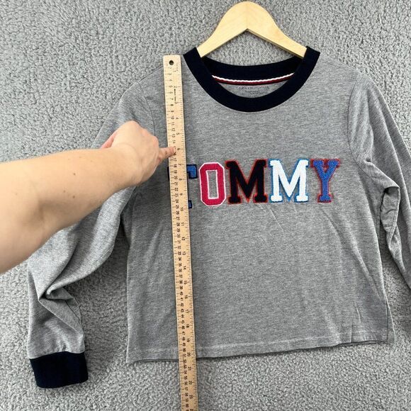 TOMMY HILFIGER Cropped Pajama Shirt Embroidered logo appliqués vasity style Y2K - Picture 9 of 14